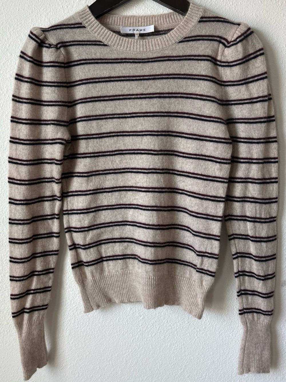 Frame Denim Beige Cashmere Sweater with Black & Burgundy Stripes